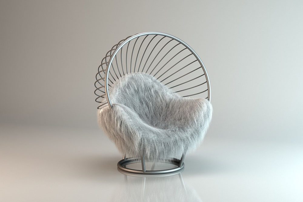 Silver Bubble chair with fur cushion