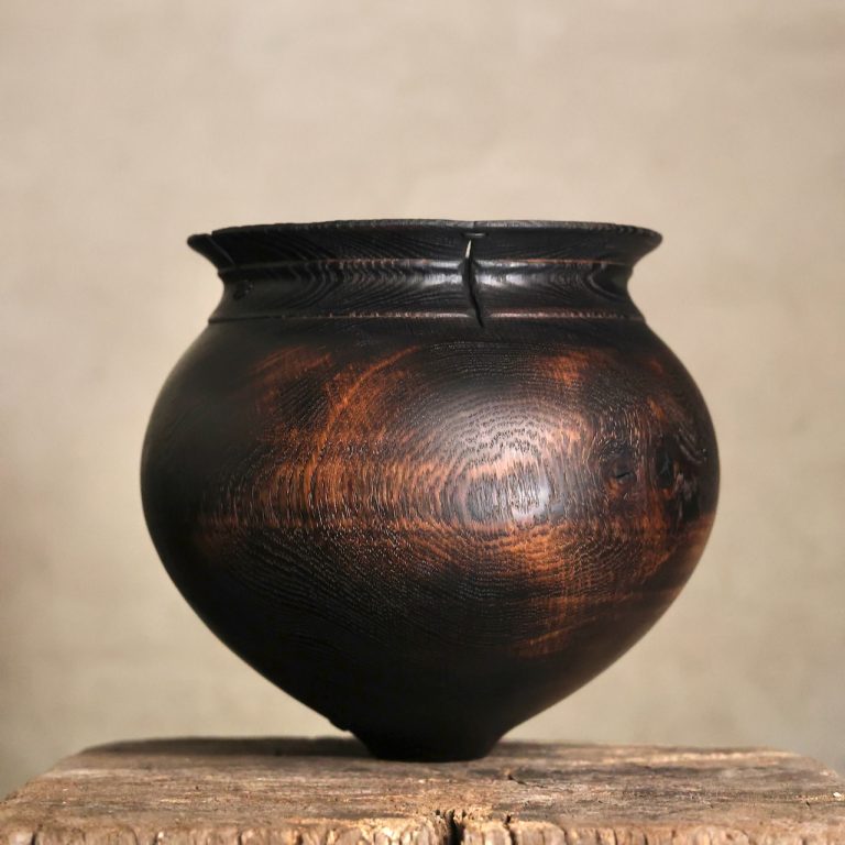 Large Oak Cauldron with Smoke Patina and Stitch-work