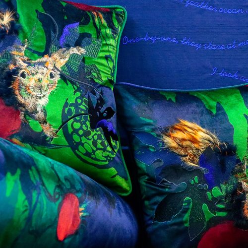 Detail from Peacock and Squirrel Ottoman