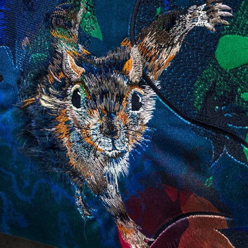 Peacock and Squirrel Ottoman - detail